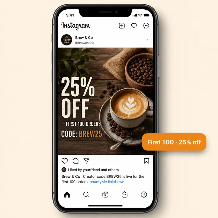 Brew & Co coffee shop Instagram promo offering 25% off to first 100 customers with promo code BREW25